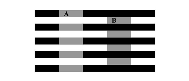 Figure 8. The rectangles on the right appear darker than those on the left, but they are actually the same shade of gray. This demonstrates that the perceived brightness of an area depends on the surroundings and the contrast. From White (1979). Figure 8. The rectangles on the right appear darker than those on the left, but they are actually the same shade of gray. This demonstrates that the perceived brightness of an area depends on the surroundings and the contrast. From White (1979).