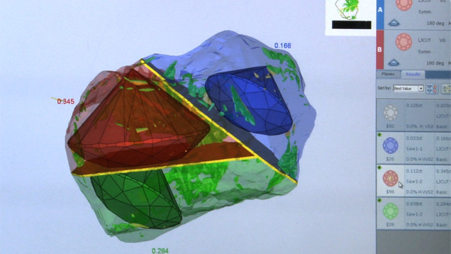 This complicated piece of rough was analyzed by the Sarin Galaxy 1000. Results showed that it could yield three diamonds while avoiding inclusions that would substantially lower value. This complicated piece of rough was analyzed by the Sarin Galaxy 1000. Results showed that it could yield three diamonds while avoiding inclusions that would substantially lower value.
