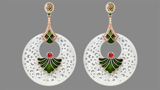 Shirley created this design to demonstrate harmony among different colors and shapes. She used carved jadeite to symbolize Chinese culture. – Photo courtesy Shenzhen Meiher Jewelry Ltd. Shirley created this design to demonstrate harmony among different colors and shapes. She used carved jadeite to symbolize Chinese culture. – Photo courtesy Shenzhen Meiher Jewelry Ltd.