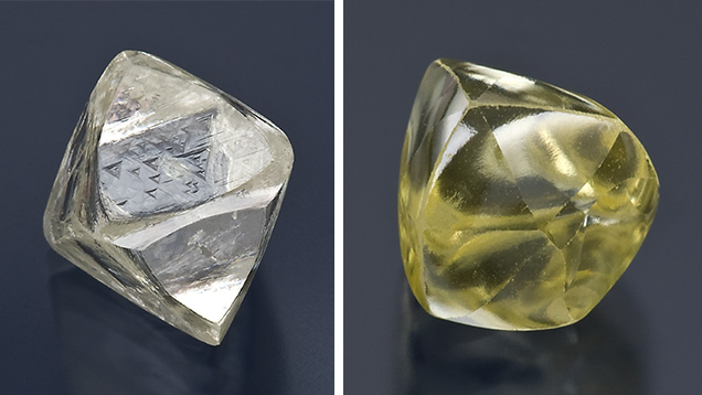 Figure 8. Comparison of natural diamond morphologies: a 15.96 ct euhedral octahedron (left) and a 4.82 ct rounded resorbed octahedron (right). Photos by Robert Weldon. Figure 8. Comparison of natural diamond morphologies: a 15.96 ct euhedral octahedron (left) and a 4.82 ct rounded resorbed octahedron (right). Photos by Robert Weldon.