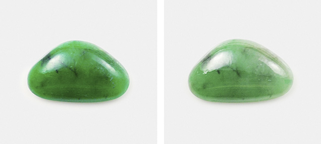 Figure 2. This jadeite sample is shown with its coating (left) and after the coating was removed (right). Photo by Jian Zhang. Figure 2. This jadeite sample is shown with its coating (left) and after the coating was removed (right). Photo by Jian Zhang.