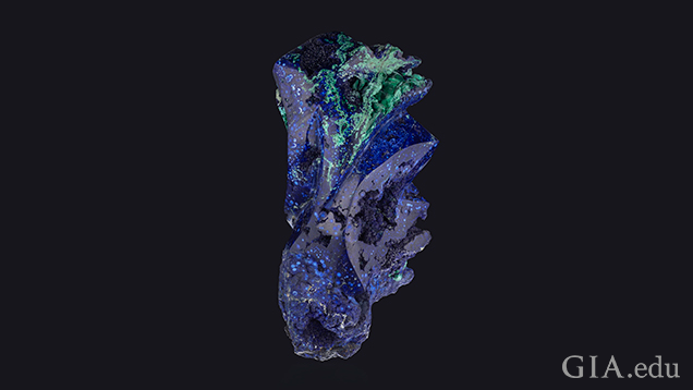 A freeform piece of blue azurite and green malachite looks like an exotic piece of sea coral.