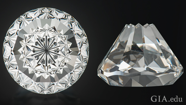 A face-up and side view of a piece of carved quartz. A face-up and side view of a piece of carved quartz.