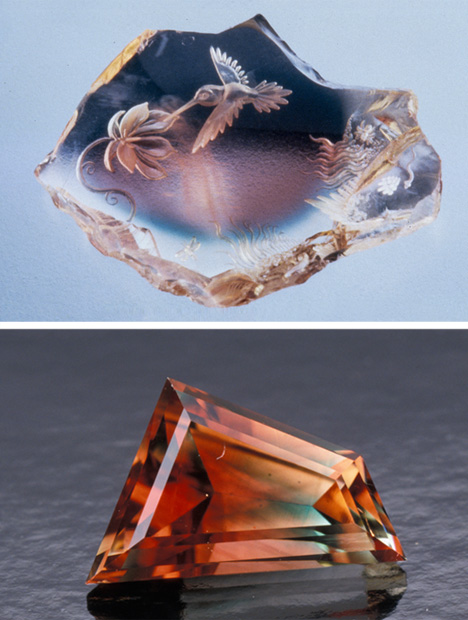 Some sunstones are bicolored, which makes them ideal for free-style designer cuts (bottom). They might also be tricolored, like this lovely 32.80-ct. Oregon sunstone (top). The cut is a spectacular example of the sculptor’s artistry. – Tino Hammid (left); Maha Tannous, courtesy Dust Devil Mining Company, Beaver, Oregon (top) Some sunstones are bicolored, which makes them ideal for free-style designer cuts (bottom). They might also be tricolored, like this lovely 32.80-ct. Oregon sunstone (top). The cut is a spectacular example of the sculptor’s artistry. – Tino Hammid (left); Maha Tannous, courtesy Dust Devil Mining Company, Beaver, Oregon (top)