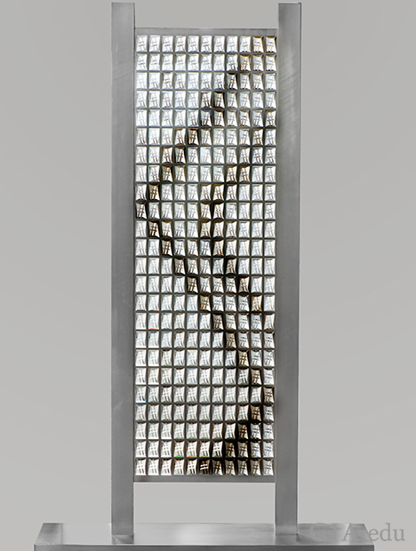 A large sculpture of carved crystals framed in aluminum. The lattice consists of 24 rows of 11 stones and measures 163 x 51 cm. A large sculpture of carved crystals framed in aluminum. The lattice consists of 24 rows of 11 stones and measures 163 x 51 cm.