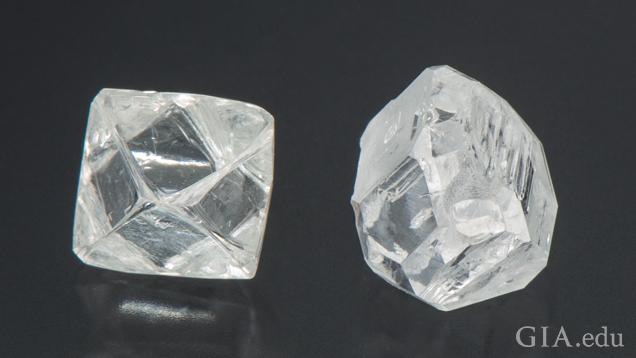 One natural and one man-made diamond crystal, side-by-side.