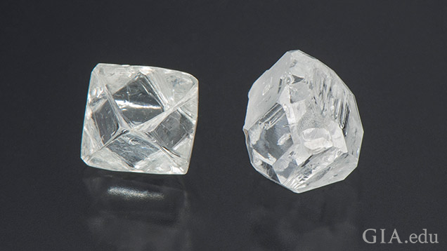 A natural rough diamond and HPHT rough diamond side-by-side. A natural rough diamond and HPHT rough diamond side-by-side.