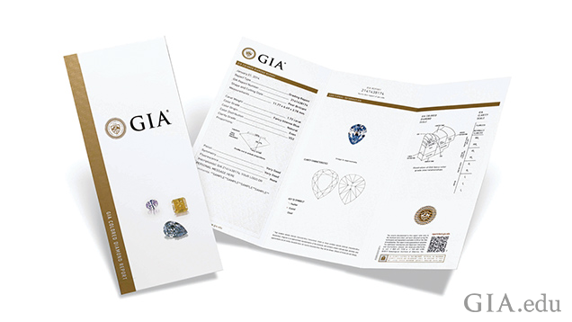 GIA 彩色钻石鉴定证书封面及内页图片。 GIA 彩色钻石鉴定证书封面及内页图片。