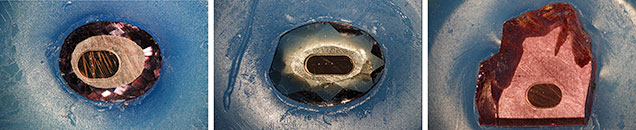 Three flat pyrope wafers attached in wax Three flat pyrope wafers attached in wax