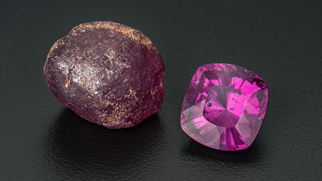 13.88 ct faceted “color-change” pyrope and a 43.30 ct rough nodule 13.88 ct faceted “color-change” pyrope and a 43.30 ct rough nodule