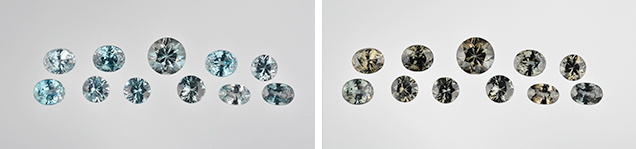 Faceted blue zircons before and after long-wave UV exposure Faceted blue zircons before and after long-wave UV exposure