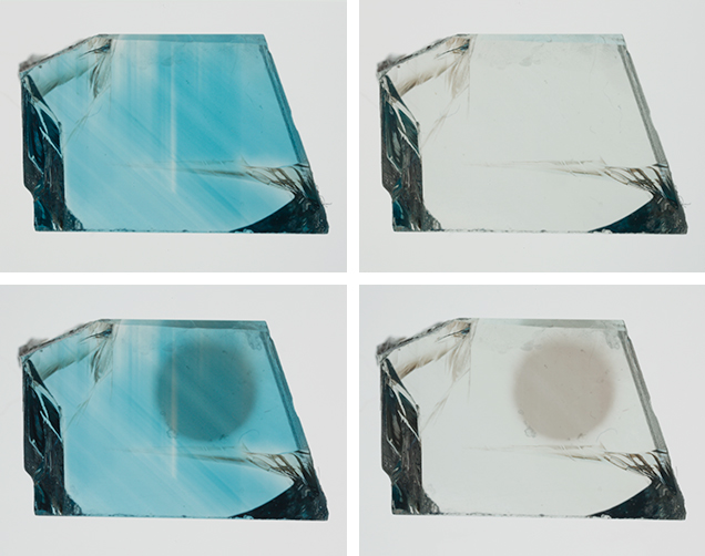 Blue zircon wafer before and after long-wave UV exposure Blue zircon wafer before and after long-wave UV exposure