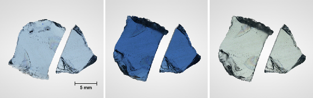 Nigerian aquamarine wafers shown in different lighting conditions.