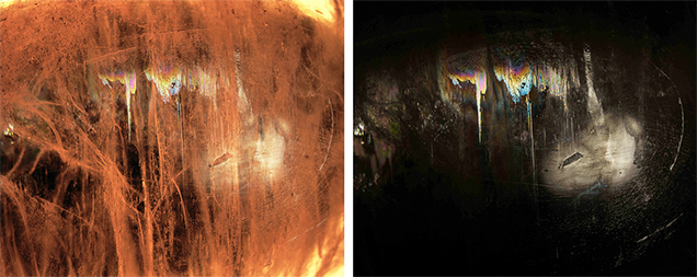 Needles and thin films produce the cat’s-eye effect in this diaspore. Needles and thin films produce the cat’s-eye effect in this diaspore.