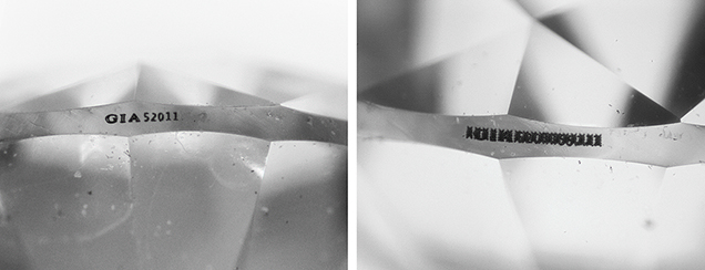 Fraudulent inscriptions (left) are normally obscured once encountered by GIA (right).