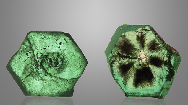 Double-sided emerald wafers from Swat with trapiche-type pattern Double-sided emerald wafers from Swat with trapiche-type pattern