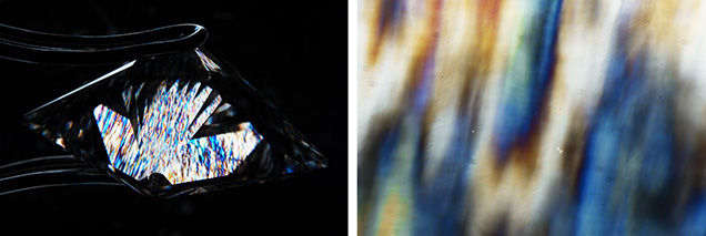 Strong birefringence pattern shows many interference colors. Strong birefringence pattern shows many interference colors.