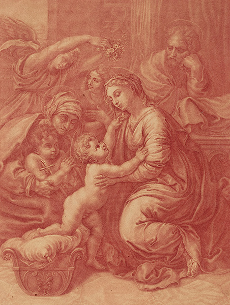 Elisha Kirkall used chalk colored by red ochre to reproduce Raphael’s The Holy Family of Francis I. Elisha Kirkall used chalk colored by red ochre to reproduce Raphael’s The Holy Family of Francis I.
