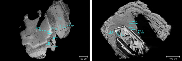 Cathodoluminescence images show growth zones in two diamonds from the Attawapiskat area of the Superior Craton (Canada). Cathodoluminescence images show growth zones in two diamonds from the Attawapiskat area of the Superior Craton (Canada).