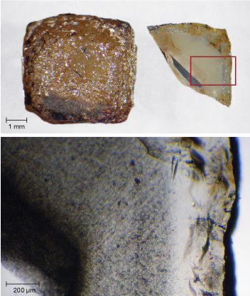 Cuboid diamond with cloudy fibrous coat; partial slice reveals internal structure. Cuboid diamond with cloudy fibrous coat; partial slice reveals internal structure.