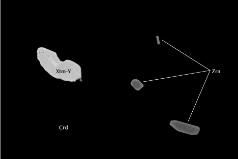 Figure 18. Zircon (Zrn) and xenotime-(Y) (Xtm-Y) inclusions in gem cordierite (Crd) from Blue Bear. Backscattered electron SEM image; field of view 150 μm.