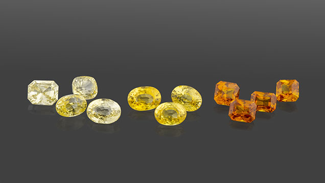 Figure 14. Sri Lankan yellow sapphires ranging from 1.0 to 2.5 ct. The seven on the left are natural, and the four on the right are heat treated. Photo by Ronnakorn Manorotkul/Lotus Gemology; courtesy of Chaiyut Rungutaitawornsuk. Figure 14. Sri Lankan yellow sapphires ranging from 1.0 to 2.5 ct. The seven on the left are natural, and the four on the right are heat treated. Photo by Ronnakorn Manorotkul/Lotus Gemology; courtesy of Chaiyut Rungutaitawornsuk.