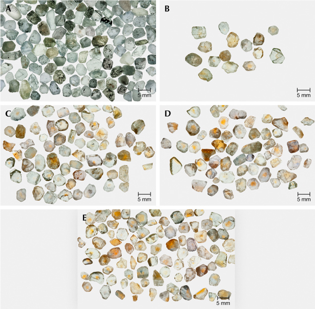 Figure 19. A: One-half of a 50 g lot from a 600 g parcel of Missouri River sapphire, selected only for size (3.5–5.5 mm), before heat treatment. B: Yellow stones produced from another 50 g lot after heat treatment at 1600°C in oxygen for 10 hours. C: Yellow stones produced from another 50 g lot after heat treatment at 1700°C in oxygen for 10 hours. D: Yellow stones produced from another 50 g lot after heat treatment at 1800°C in oxygen for 10 hours. E: Yellow stones produced from another 50 g lot after heat treatment at 1800°C in oxygen for 31.6 hours. Photos by John L. Emmett. Figure 19. A: One-half of a 50 g lot from a 600 g parcel of Missouri River sapphire, selected only for size (3.5–5.5 mm), before heat treatment. B: Yellow stones produced from another 50 g lot after heat treatment at 1600°C in oxygen for 10 hours. C: Yellow stones produced from another 50 g lot after heat treatment at 1700°C in oxygen for 10 hours. D: Yellow stones produced from another 50 g lot after heat treatment at 1800°C in oxygen for 10 hours. E: Yellow stones produced from another 50 g lot after heat treatment at 1800°C in oxygen for 31.6 hours. Photos by John L. Emmett.