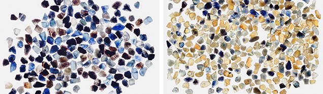 Figure 27. Left: A group of run-of-mine deep blue sapphires from Kings Plain, New South Wales, Australia, with an average stone size of 4–5 mm. Right: The same group of sapphires after beryllium diffusion. Photos by John L. Emmett. Figure 27. Left: A group of run-of-mine deep blue sapphires from Kings Plain, New South Wales, Australia, with an average stone size of 4–5 mm. Right: The same group of sapphires after beryllium diffusion. Photos by John L. Emmett.