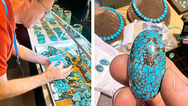 Figure 3. Left: A conference participant examines turquoise cabochons. Right: Iranian turquoise cabochon with a brown “spiderweb” matrix pattern. Photos by Aaron Palke. Figure 3. Left: A conference participant examines turquoise cabochons. Right: Iranian turquoise cabochon with a brown “spiderweb” matrix pattern. Photos by Aaron Palke.