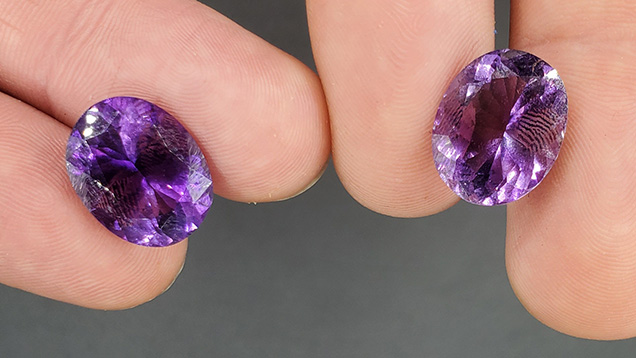 Figure 13. The second- and third-largest faceted stones produced from the La Manche amethyst occurrence to date: 9.09 ct (left) and 8.46 ct (right). Photo by Philippe Belley. Figure 13. The second- and third-largest faceted stones produced from the La Manche amethyst occurrence to date: 9.09 ct (left) and 8.46 ct (right). Photo by Philippe Belley.