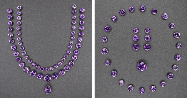 Figure 8. La Manche amethyst suite, 109.6 carats total. Left: Necklace set comprising round brilliants from 6 mm to 10 mm and a 3.69 ct pear cut. Right: Stones for a bracelet (7–8 mm rounds), earrings (7, 8, and 9 mm rounds), and a custom-cut hexagon (6.42 ct). Photos by Philippe Belley. Figure 8. La Manche amethyst suite, 109.6 carats total. Left: Necklace set comprising round brilliants from 6 mm to 10 mm and a 3.69 ct pear cut. Right: Stones for a bracelet (7–8 mm rounds), earrings (7, 8, and 9 mm rounds), and a custom-cut hexagon (6.42 ct). Photos by Philippe Belley.