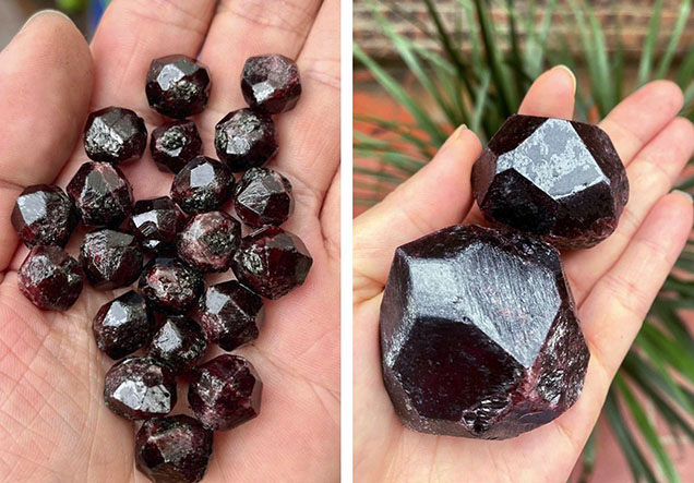 Figure 1. The trapezohedral habit of garnet from Phu Tho. The trapezohedral habit is suitable for cutting as cabochons or beads, while the elongated habit (not shown) would be appropriate for carving. Photos by Nguyen Thanh Nhan. Figure 1. The trapezohedral habit of garnet from Phu Tho. The trapezohedral habit is suitable for cutting as cabochons or beads, while the elongated habit (not shown) would be appropriate for carving. Photos by Nguyen Thanh Nhan.