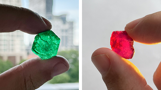 Figure 1. Fine emerald (>60 ct) and ruby (13 ct) crystals offered at the 2024 Gemfields auctions in Bangkok. Photos by Wim Vertriest.