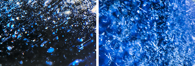 Figure 5. Platelet-type inclusions (left) and reflective silk (right) in the Matepwende sapphires with a magmatic-type UV-Vis-NIR spectrum. Photomicrographs by Aaron Palke; fields of view 1.58 mm (left) and 1.26 mm (right).