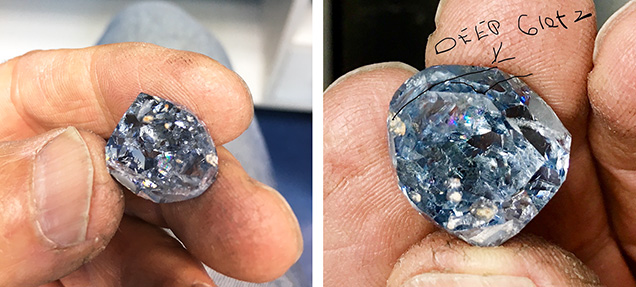Figure 2. Lieberman examines a 40 ct rough blue diamond that yielded a 15 ct heart. The lines on the right photo indicate where the stone might be sawn. Photos courtesy of Harvey Lieberman. Figure 2. Lieberman examines a 40 ct rough blue diamond that yielded a 15 ct heart. The lines on the right photo indicate where the stone might be sawn. Photos courtesy of Harvey Lieberman.