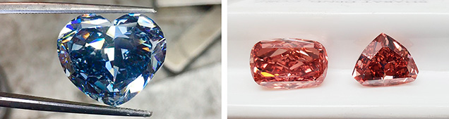 Figure 3. Left: The 15 ct vivid blue heart-shaped diamond cut from the rough shown in figure 2. Right: A 9 ct vivid pink and a 5.5 ct deep pink cut by Lieberman. Photos courtesy of Harvey Lieberman. Figure 3. Left: The 15 ct vivid blue heart-shaped diamond cut from the rough shown in figure 2. Right: A 9 ct vivid pink and a 5.5 ct deep pink cut by Lieberman. Photos courtesy of Harvey Lieberman.