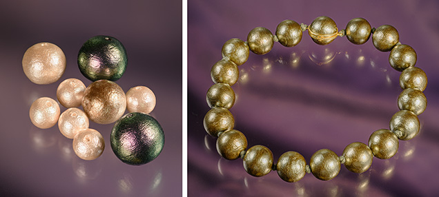 Figure 1. Left: A variety of cotton pearls imitating akoya, golden South Sea, and Tahitian pearls. Right: A necklace featuring pistachio-colored cotton pearls. Photos by Annie Haynes. Figure 1. Left: A variety of cotton pearls imitating akoya, golden South Sea, and Tahitian pearls. Right: A necklace featuring pistachio-colored cotton pearls. Photos by Annie Haynes.