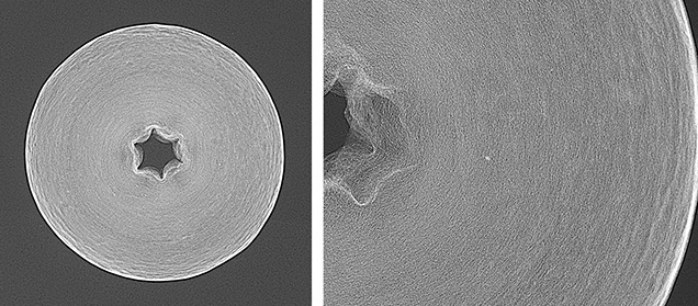 Figure 2. Left: RTX image of a cotton pearl featuring a star-shaped center hole, likely a manufacturing remnant. Fine concentric banding can be seen along with a bright white outer edge representing the higher-density surface coating. Right: A closer view of the bead reveals a fine fibrous texture. Figure 2. Left: RTX image of a cotton pearl featuring a star-shaped center hole, likely a manufacturing remnant. Fine concentric banding can be seen along with a bright white outer edge representing the higher-density surface coating. Right: A closer view of the bead reveals a fine fibrous texture.