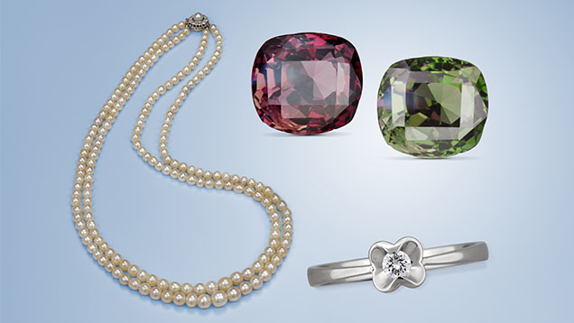 Figure 11. Double-strand natural saltwater pearl necklace. Photo by Robert Weldon; courtesy of Karmshil Enterprise. Alexandrite exposed to incandescent illumination (left, red) and daylight-equivalent illumination (right, green). Photos by Robert Weldon; courtesy of GIA’s Dr. Edward J. Gübelin collection, no. 33805. Ring containing a CVD-grown diamond. Photo by Johnny Leung. Figure 11. Double-strand natural saltwater pearl necklace. Photo by Robert Weldon; courtesy of Karmshil Enterprise. Alexandrite exposed to incandescent illumination (left, red) and daylight-equivalent illumination (right, green). Photos by Robert Weldon; courtesy of GIA’s Dr. Edward J. Gübelin collection, no. 33805. Ring containing a CVD-grown diamond. Photo by Johnny Leung.