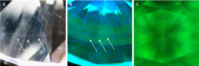 Figure 2. A: Hazy parallel lines (indicated by arrows) resembling whitish internal graining. Photomicrograph by Raju Jain; field of view ~6.31 mm. DiamondView imaging of the pavilion facets showed blue growth layers in green fluorescence (B), as well as strong green phosphorescence (C). Images by Suraj Maurya. Figure 2. A: Hazy parallel lines (indicated by arrows) resembling whitish internal graining. Photomicrograph by Raju Jain; field of view ~6.31 mm. DiamondView imaging of the pavilion facets showed blue growth layers in green fluorescence (B), as well as strong green phosphorescence (C). Images by Suraj Maurya.