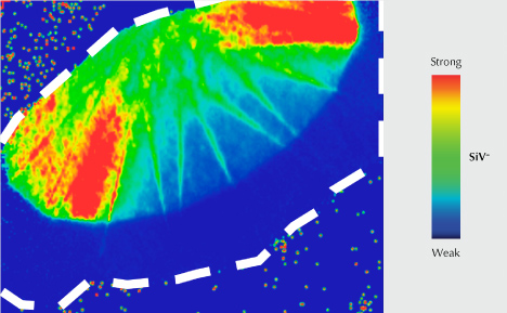 Figure 3. False-color PL map of the SiV– defect at 736.6/736.9 nm using 633 nm laser excitation, normalized to the diamond Raman area on the pavilion. The dashed line indicates the approximate outline of the diamond. Figure 3. False-color PL map of the SiV– defect at 736.6/736.9 nm using 633 nm laser excitation, normalized to the diamond Raman area on the pavilion. The dashed line indicates the approximate outline of the diamond.