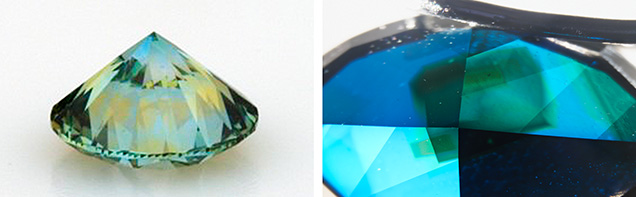 Figure 2. Viewed through the pavilion, sector-dependent color zones were apparent in both the round brilliant (left) and the marquise (right; field of view 7.19 mm). Photomicrograph by Taryn Linzmeyer.