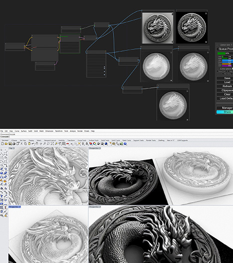 Figure 17. “Dragon Coin” by Chris Botha. Stable Diffusion image and depth map; 3D design in ZoeDepth and Rhinoceros 3D. The top image shows a customized program for Stable Diffusion using the ComfyUI user interface. ComfyUI allows the user to control Stable Diffusion with a visual programming language. Each piece of code is represented as a box with specific inputs and outputs. The boxes are connected together via these input and output connectors to modify the code, creating detailed images from the text prompt and then transforming the detailed images into heightfield images suitable for ZoeDepth. The bottom image uses Rhinoceros to show the 2.5D object created from this image by ZoeDepth. Figure 17. “Dragon Coin” by Chris Botha. Stable Diffusion image and depth map; 3D design in ZoeDepth and Rhinoceros 3D. The top image shows a customized program for Stable Diffusion using the ComfyUI user interface. ComfyUI allows the user to control Stable Diffusion with a visual programming language. Each piece of code is represented as a box with specific inputs and outputs. The boxes are connected together via these input and output connectors to modify the code, creating detailed images from the text prompt and then transforming the detailed images into heightfield images suitable for ZoeDepth. The bottom image uses Rhinoceros to show the 2.5D object created from this image by ZoeDepth.