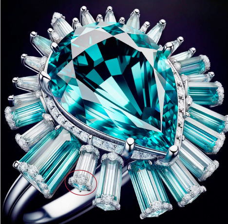 Figure 4. DALL.E 3 generated this image from the prompt “create a halo of tapered baguette diamonds, also set in platinum, which are attached to the gallery of the Paraiba’s setting.” Circled in red is a design oddity: miniature diamond rings placed on the ends of the baguettes. Figure 4. DALL.E 3 generated this image from the prompt “create a halo of tapered baguette diamonds, also set in platinum, which are attached to the gallery of the Paraiba’s setting.” Circled in red is a design oddity: miniature diamond rings placed on the ends of the baguettes.