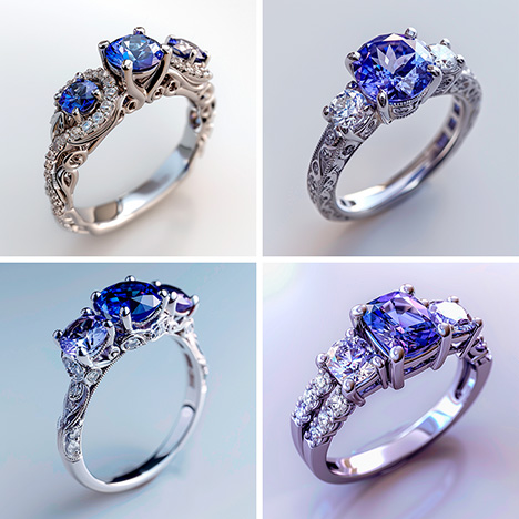 Figure A-1. Images generated by Midjourney 6. These designs feature intricate details, including organic scrolls and fine milgrain. The gems are in the appropriate color range for tanzanite and diamonds. The images also feature a certain amount of depth of field, making them more photorealistic. Figure A-1. Images generated by Midjourney 6. These designs feature intricate details, including organic scrolls and fine milgrain. The gems are in the appropriate color range for tanzanite and diamonds. The images also feature a certain amount of depth of field, making them more photorealistic.