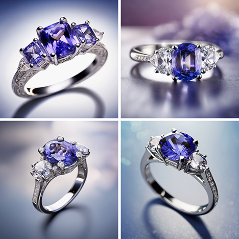 Figure A-2. Images generated by DreamStudio SDXL v1.0. These designs are less detailed but still mainly accurate depictions of jewelry. The metal and gemstones show the appropriate color range for their materials. The image on the bottom left shows some inaccuracies on the prong settings, blurring between prongs and diamonds on the center setting and adding extra prongs to the side setting on the left. Again, a certain amount of depth of field is apparent, making the images more photorealistic. Figure A-2. Images generated by DreamStudio SDXL v1.0. These designs are less detailed but still mainly accurate depictions of jewelry. The metal and gemstones show the appropriate color range for their materials. The image on the bottom left shows some inaccuracies on the prong settings, blurring between prongs and diamonds on the center setting and adding extra prongs to the side setting on the left. Again, a certain amount of depth of field is apparent, making the images more photorealistic.
