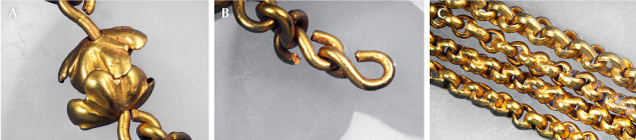 Figure 8. Gold chains showing the style of chain assembly used by jewelry makers in the New World. Photomicrographs by Aaron Palke; fields of view 19.27 mm (A), 19.27 mm (B), and 14.52 mm (C). Figure 8. Gold chains showing the style of chain assembly used by jewelry makers in the New World. Photomicrographs by Aaron Palke; fields of view 19.27 mm (A), 19.27 mm (B), and 14.52 mm (C).