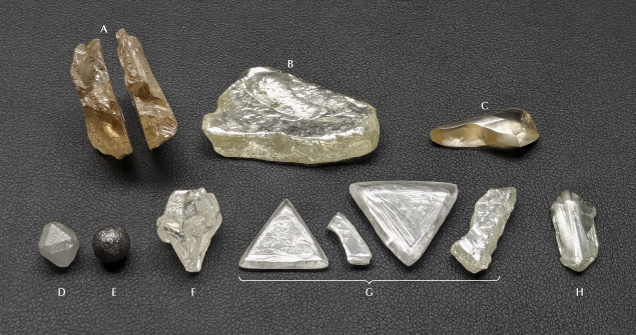 Examples of rough diamonds with shapes governed by various combinations of growth, breakage, and resorption: a diamond broken cleanly along a flat plane by cleavage (A); irregular broken fragments smoothed by resorption (B and C); cuboctahedron (D), ballas (E), and re-entrant cuboid (F) shapes produced during diamond growth; two macles resulting from twinned crystal growth, along with two fragments resulting from macle breakage (G); and an elongate fragment representing an edge broken from an octahedron crystal, with the former octahedron corners forming the ends (H). Specimens range from 1.08 to 28.08 ct, with the largest specimen measuring 27 mm in length. Photo by Evan M. 