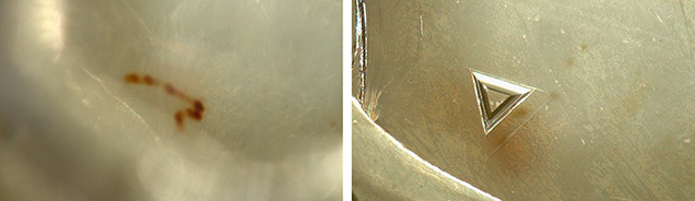 Figure 2. Brown stains near the surface (left) and a trigon on the octahedral face (right) of the diamond. Photomicrographs by Cristiano Ferraris; fields of view 2.43 mm (left) and 1.82 mm (right). Figure 2. Brown stains near the surface (left) and a trigon on the octahedral face (right) of the diamond. Photomicrographs by Cristiano Ferraris; fields of view 2.43 mm (left) and 1.82 mm (right).