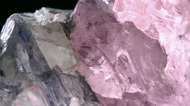 Figure 2. This boundary shows a sharp transition from pink to colorless zones. Photomicrograph by Wanling Tan; field of view 4 mm. Figure 2. This boundary shows a sharp transition from pink to colorless zones. Photomicrograph by Wanling Tan; field of view 4 mm.